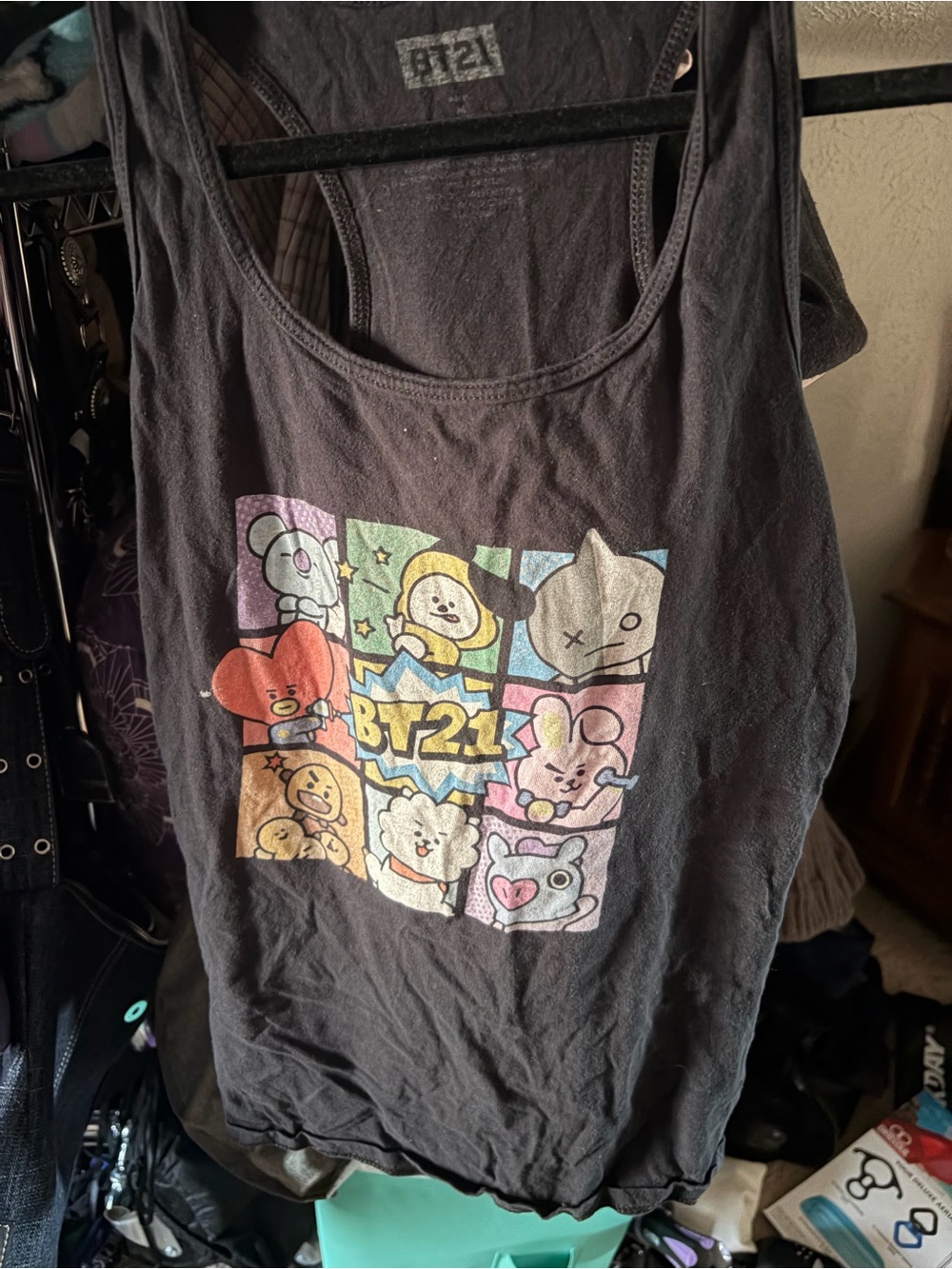 BT21 Black Graphic Tank Top with Colorful Character Grid